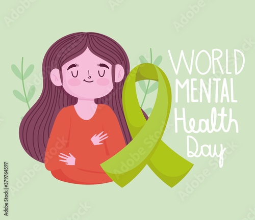 world mental health day, girl green ribbon awareness medical