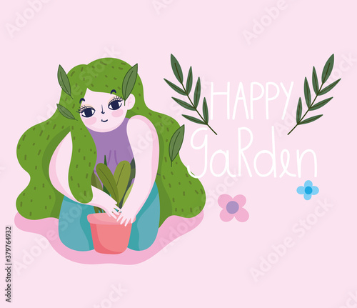 happy garden, girl with hairstyle floral leaf with pot