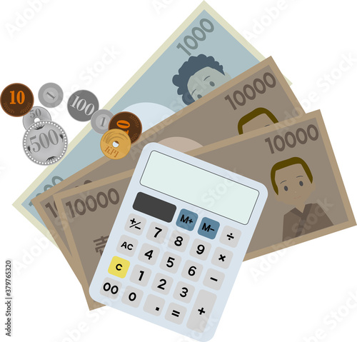 お金と小銭と電卓のお金のイメージイラスト