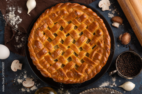 The big round tasty pie with mushrooms isolated on dark background. The homemade recipe.