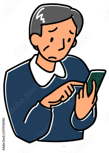 困った表情でスマホをさわるシニア男性
