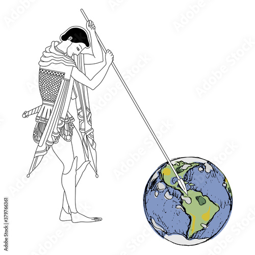 Ancient Greek warrior piercing planet Earth with his spear. Creative environmental concept. Man ruining nature.