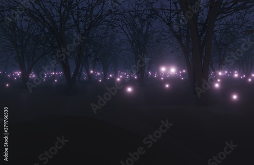 Abstract background.Dark forest background at night. Fog, moonlight.