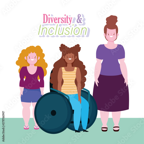 diversity and inclusion, afroamerican woman on wheelchair and short tall stature women cartoon