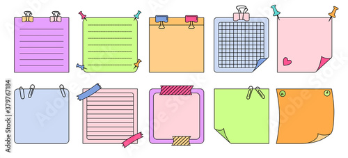 Paper sticky notes with elements planning set. Blank notes memo messages. Notebook collection with curled corners, push pins. Various linear tag business office, writing reminds. Isolated vector