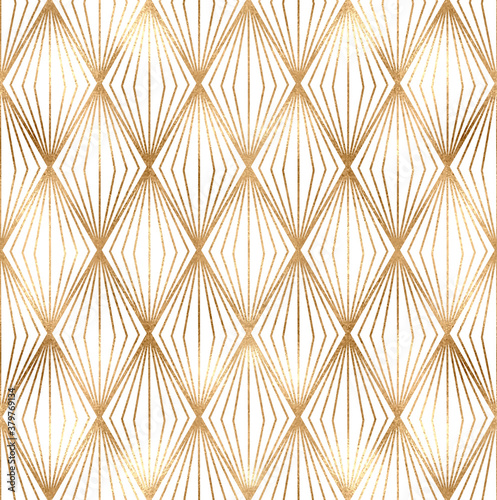Geometric seamless pattern with gold rhombus tiles.