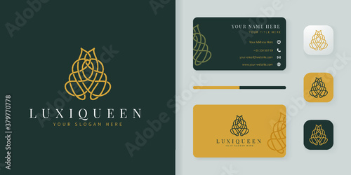 abstract crown of queen line art logo design with business card and icon template