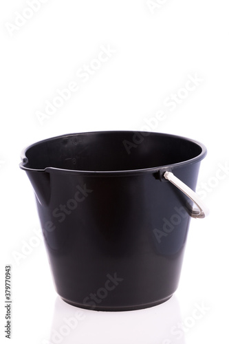 Black Plastic Bucket For Household Cleaning - On White Background.