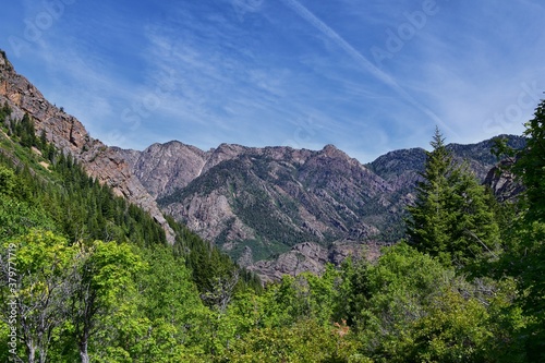 Lake Blanche forest and mountain landscape views from trail. Wasatch Front Rocky Mountains, Twin Peaks Wilderness,  Wasatch National Forest in Big Cottonwood Canyon in Salt Lake County Utah. 