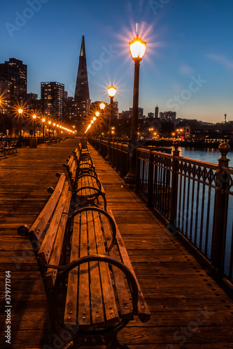 Evening Light on Pier 7 With The City Skyline In The Distance, San Francisco, California , USA