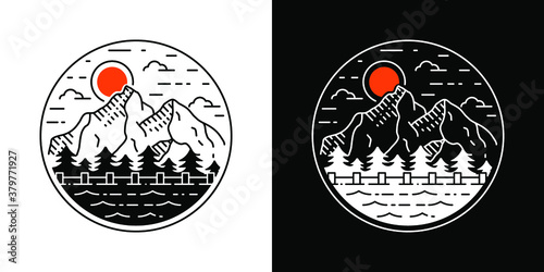 moon on the mountain line art monoline logo design