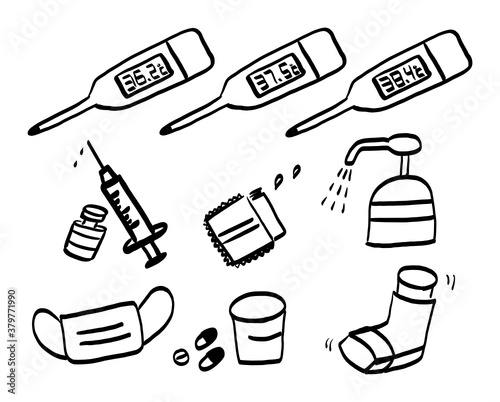 インフルエンザ、予防接種、医療の手書きベクターイラストセット