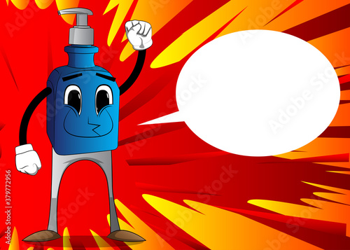 Cartoon bottle of hand sanitizer gel for hygiene with face making power to the people fist gesture.