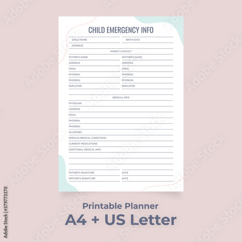 Minimalist Child Emergency Information Printable, Parent Contact Form, Doctor and Personal Info
Custom planner pages template vector paper A4 and US Letter Ai, EPS 10