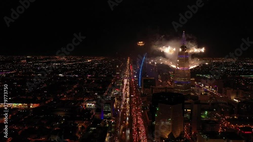 Aerial shot of fireworks from Al Faisaliyah Tower and other towers. photo