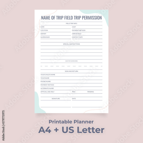 Minimalist Field Trip Permission Printable, School Trip Slip, Club & Organization Planner, Editable Info
Custom planner pages template vector paper A4 and US Letter Ai, EPS 10