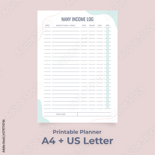 Minimalist Nanny Income Log Printable, Business Payment Tracker, Salary Journal
Custom planner pages template vector paper A4 and US Letter Ai, EPS 10