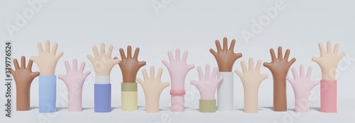 3d rendering illustration of diversity hand up for voting and volunteer concept.
