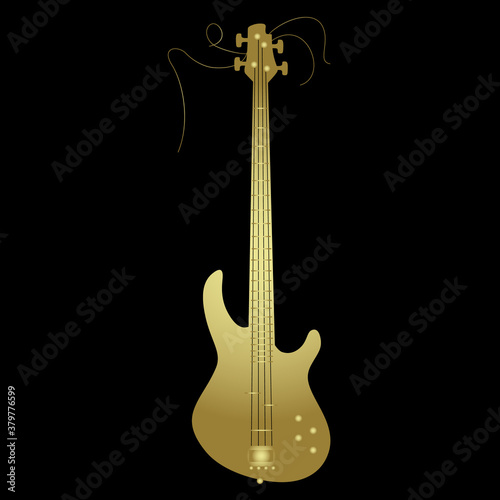Golden electric bass guitar on black background. Isolated vector illustration.