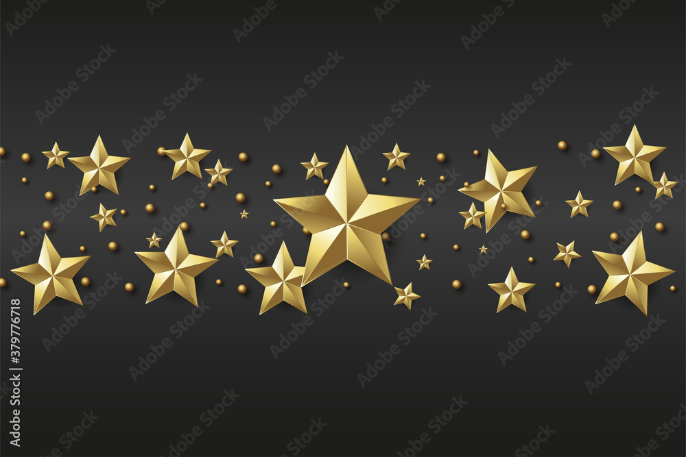 Xmas or Happy New Year background with golden stars on black background. Vector.