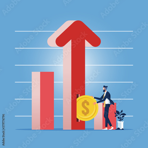 Businessman or investor putting dollar coin into slot in arrow, income growth conceptconcept of monetary collection or strategy of profit or benefit making in business photo