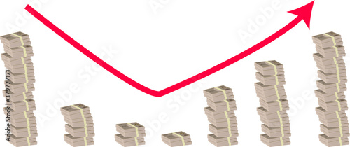 v字回復する札束でできた棒グラフのイラスト