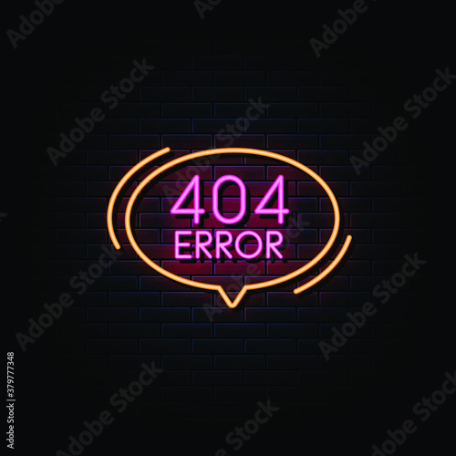 404 error neon sign, design element, light banner, announcement neon signboard.
