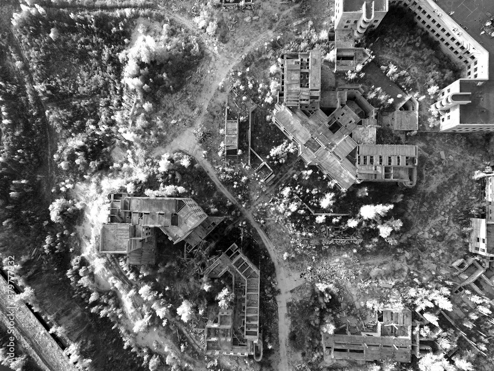 Infrared aerial image. Abandoned construction site of Hospital. (aerial drone image)Abandoned at 1991,during Ukrainian undependence crisis. Kiev Region,Ukraine(drone image,infrared filter)