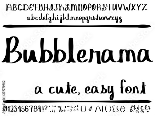 Hand drawn font. Cute typeface has bold, cursive letters and a natural handwriting style, like handwriting.