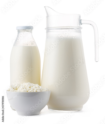 Fresh dairy products milk and cottage cheeese isolated on white