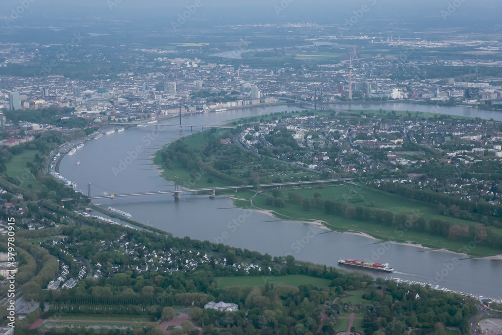 Aerial view on Rhein river bend at Duesseldorf, Germany Aerial view on Rhein river bend at Duesseldorf, Germany