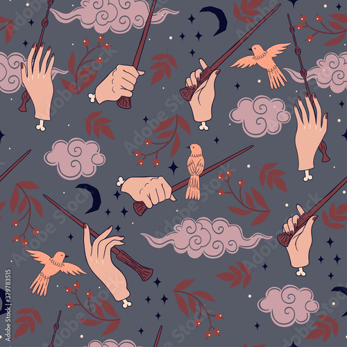 Seamless pattern with hands and magic wands. Vector graphics.