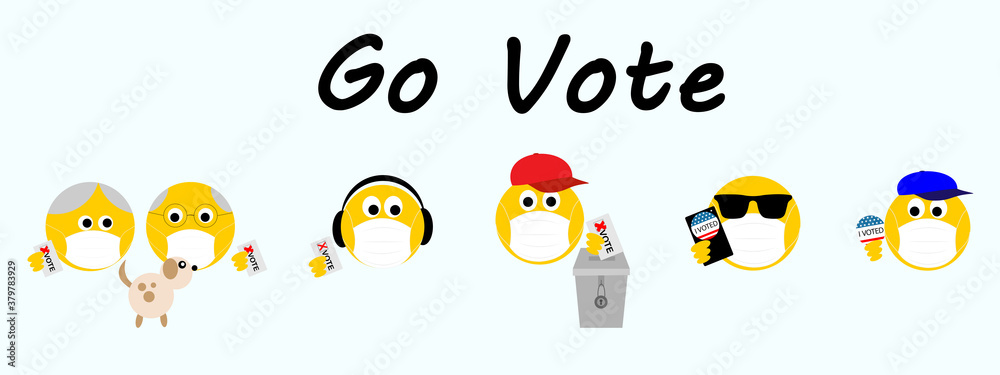 emoji social distancing and wearing face masks while voting to protect against covid 19 coronavirus, go vote text, banner heading