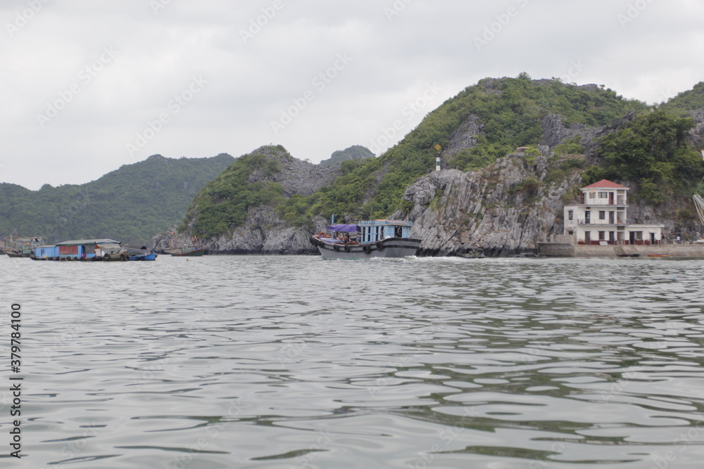 HA LONG BAY, VIETNAM - March 13, 2020: Halong Bay, Vietnam. Unesco World Heritage Site. Traditional tourist boats.