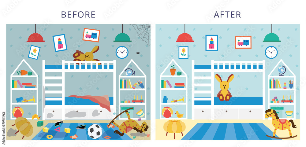 Childrens bedroom before and after cleaning, flat cartoon vector illustration.