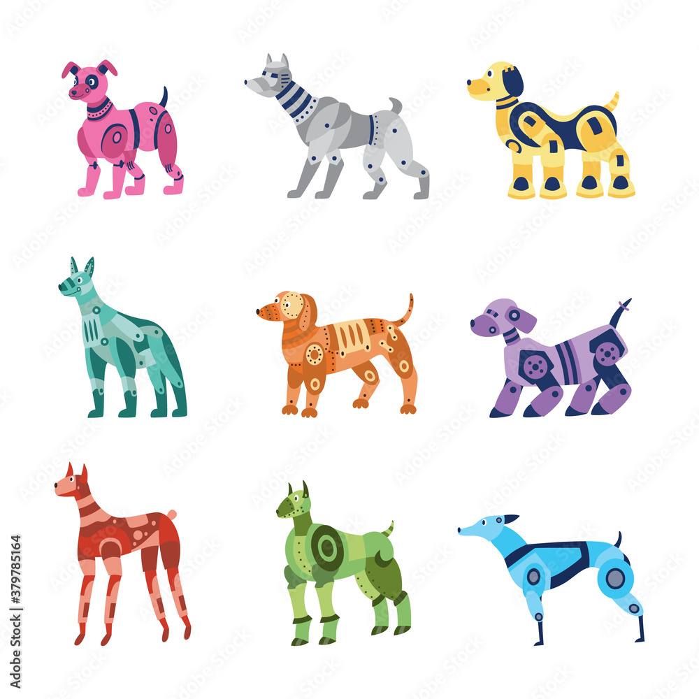 Fototapeta premium Set of metal robots dogs cartoon characters, flat vector illustration isolated.