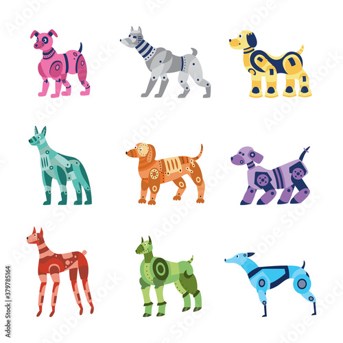 Set of metal robots dogs cartoon characters, flat vector illustration isolated.