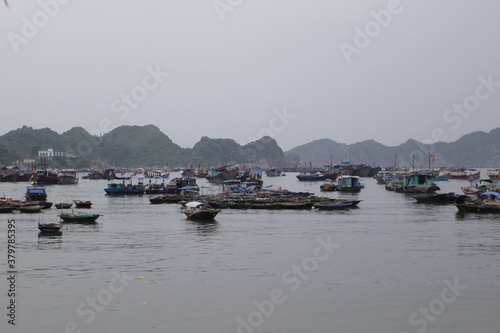 HA LONG BAY, VIETNAM - NOVEMBER 13, 2018: Halong Bay, Vietnam. Unesco World Heritage Site. Traditional tourist boats.