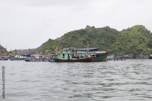 HA LONG BAY, VIETNAM - NOVEMBER 13, 2018: Halong Bay, Vietnam. Unesco World Heritage Site. Traditional tourist boats.