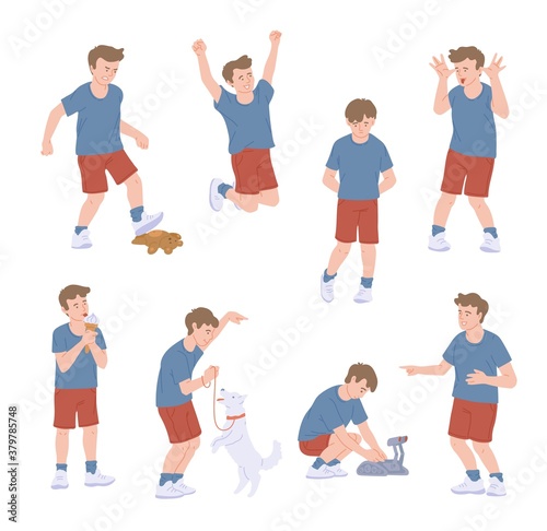 Child boy various emotions and behavior set, flat vector illustration isolated.