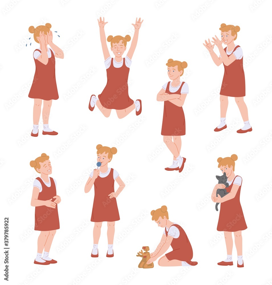 Teen girl various emotions and behavior set, flat vector illustration isolated. Teen girl various emotions and behavior set, flat vector illustration isolated.