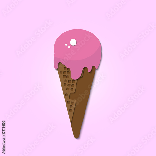 Delicious Ice Cream with chocolate wafer cone vector illustration with paper art style