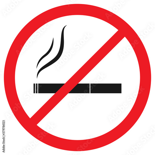 Vector stock icon that prohibits Smoking. No smoking. Cigarette with smoke inside a red crossed out circle on a white background