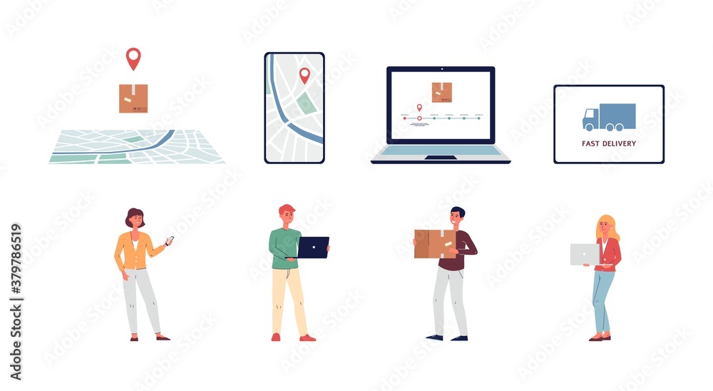 Set of delivery and parcel tracking icons flat vector illustration isolated. Set of delivery and parcel tracking icons flat vector illustration isolated.