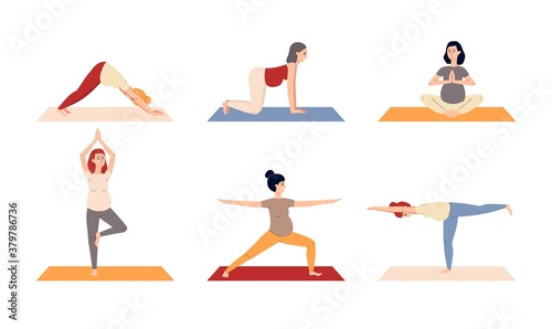 Set of pregnant women mothers doing yoga exercises a vector isolated illustrations