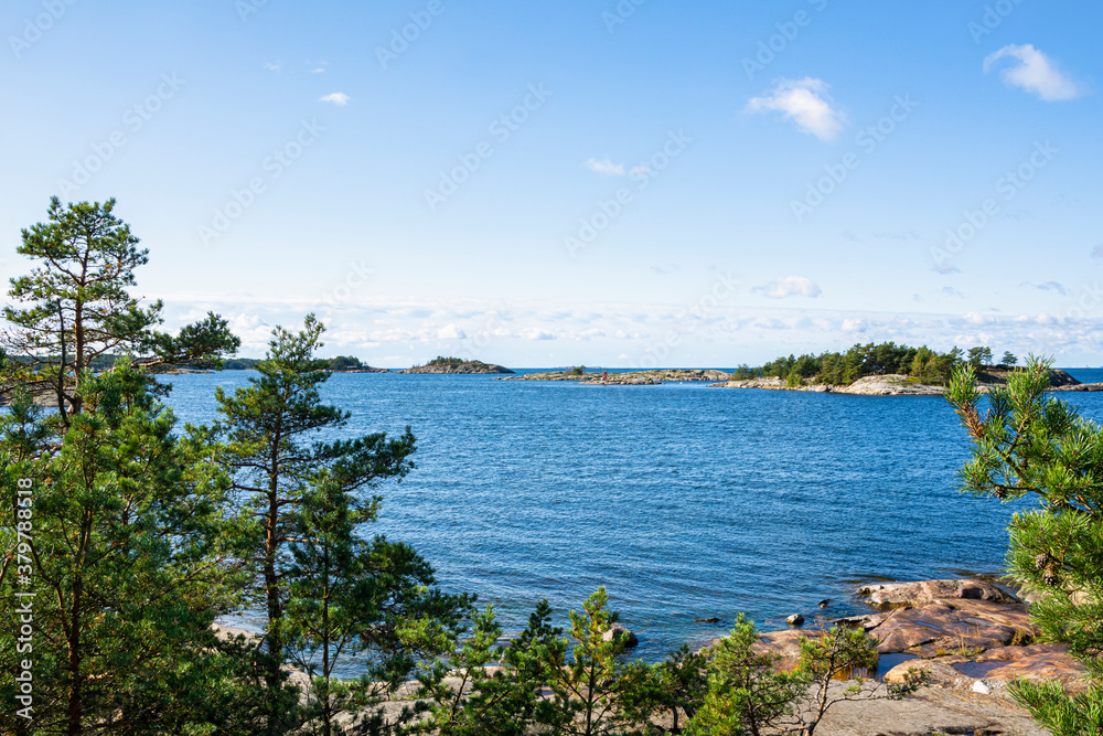 The rocky view of Porkkalanniemi and view to the Gulf of Finland and island, Finland