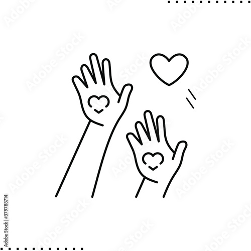 Thanks, raising hands with hearts on palms vector icon in outline