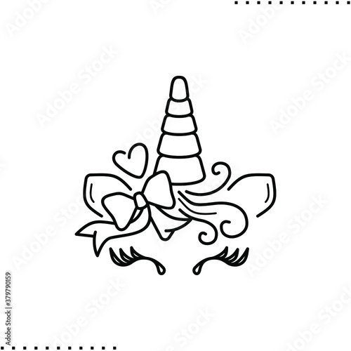 Unicorn head with bow, horn and lashes vector icon in outline