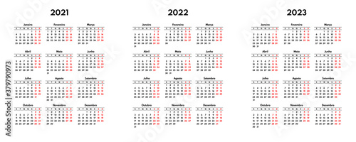 simple 2021 2022 2023 portuguese calendar grid, starts monday, two weekend photo