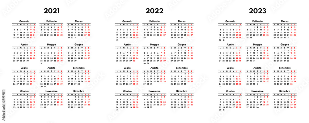 Weekend Calendar 2023 Simple 2021 2022 2023 Italian Calendar Grid, Starts Monday, Two Weekend  Stock Vector | Adobe Stock